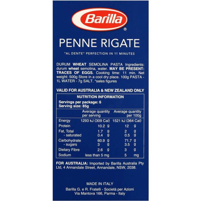 Nutrition barilla ziti rotini penne