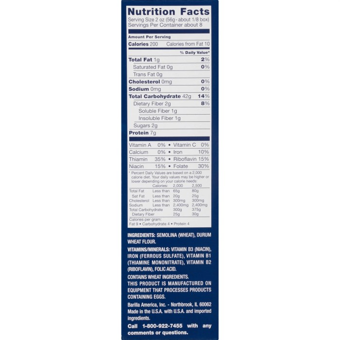 Barilla pasta nutrition facts penne